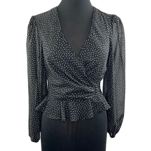 JILL JILL STUART Black White Polka Dot Chiffon Faux Wrap Ruffle Hem Blouse 4 - Picture 1 of 10